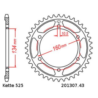 Aluminium rear sprocket with pitch 525 and 43 teeth JTA1307.43