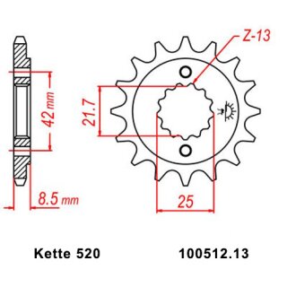 Ritzel Stahl Teilung 520 mit 13 Zähnen JTF512.13