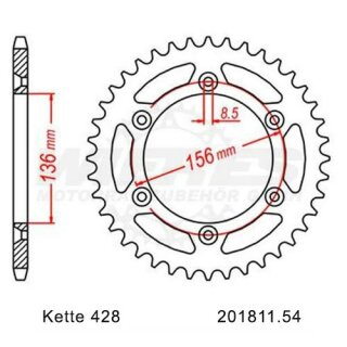 Kettenrad Stahl Teilung 428 und 54 Zähnen Wieres 1811-54