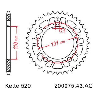Aluminium Kettenrad Teilung 520 mit 43 Zähnen JTA75.43