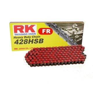 Motorcycle Chain in RED RK FR428HSB with 134 Links and Clip Connecting Link  open