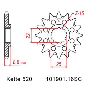 Ritzel Stahl Teilung 520 mit 16 Zähnen selbstreinigend JTF1901