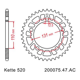 Aluminium Kettenrad Teilung 520 mit 47 Zähnen JTA75.47