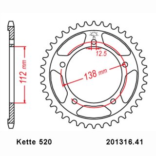 Steel rear sprocket with pitch 520 and 41 teeth JTR1225.41