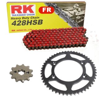 Chain and Sprocket Set compatible for Kawasaki KLX 125 B 03-06, chain RK FR 428 HSB 130, open, RED, 14/57