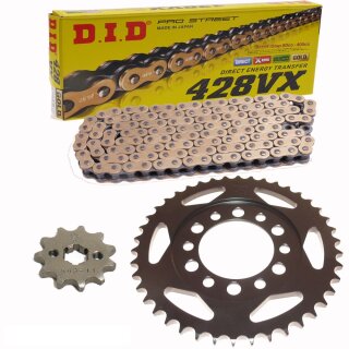 Chain and Sprocket Set compatible for Yamaha DT 125 E 74-79  chain DID 428 VX G&B Gold 112  open  15/37