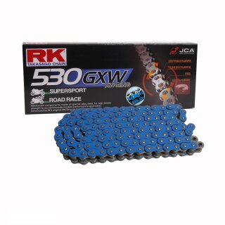 XW Ring Motorradkette in BLAU RK BB530GXW mit 96 Rollen und Hohlnietschloss  offen