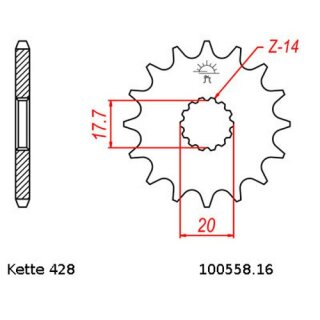 Ritzel Stahl Teilung 428 mit 16 Zähnen JTF558.16