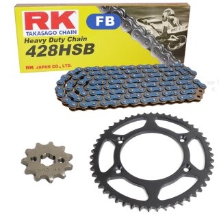 Chain and Sprocket Set compatible for Kawasaki KLX 125 B 03-06, chain RK FB 428 HSB 130, open, BLUE, 14/57