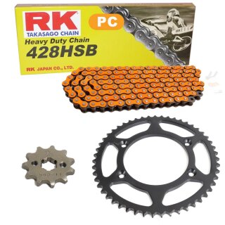 Kettensatz geeignet für Kawasaki KLX 125 B 03-06  Kette RK PC 428 HSB 130  offen  ORANGE  14/57