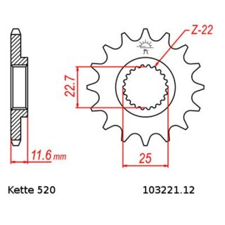 Ritzel Stahl Teilung 520 mit 12 Zähnen JTF3221.12