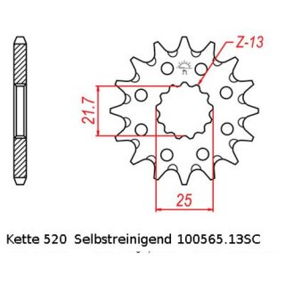 Ritzel Stahl Teilung 520 mit 13 Zähnen selbstreinigend JTF565.13