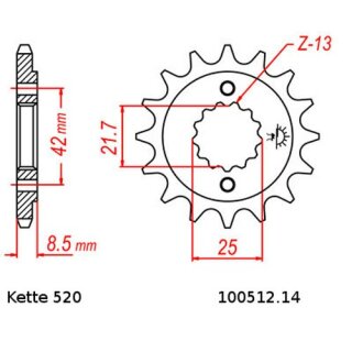 Ritzel Stahl Teilung 520 mit 14 Zähnen JTF512.14